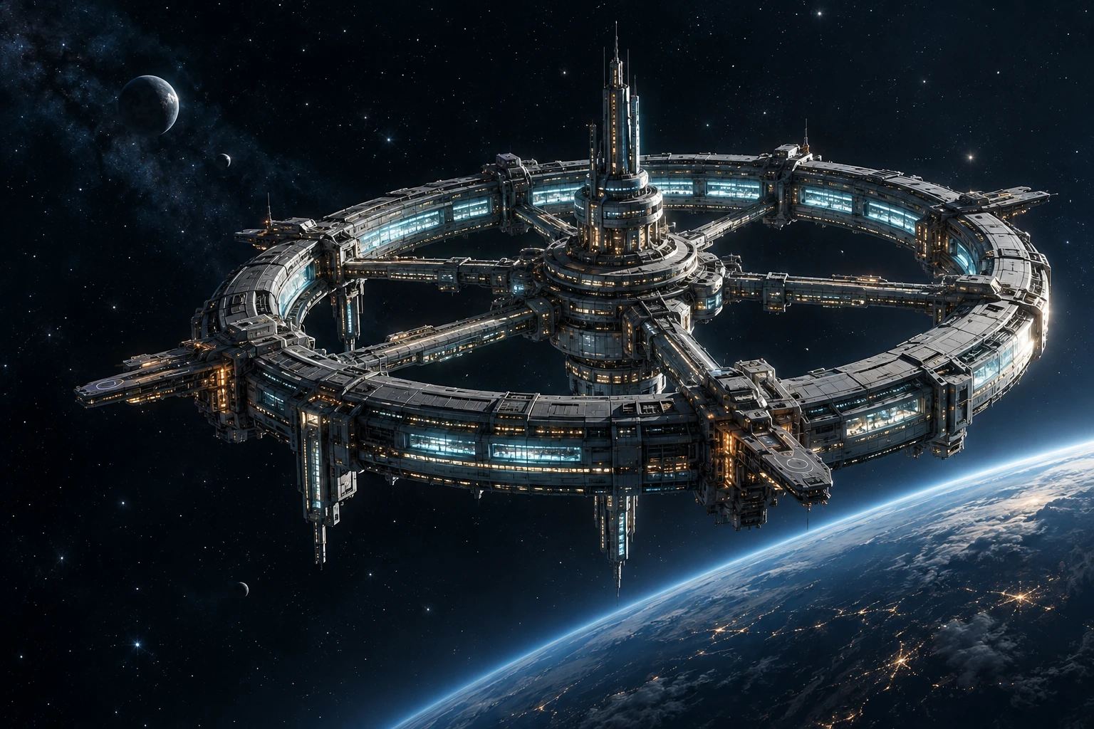 Asterion's illuminated orbital ring hangs above the blue curve of a planet.